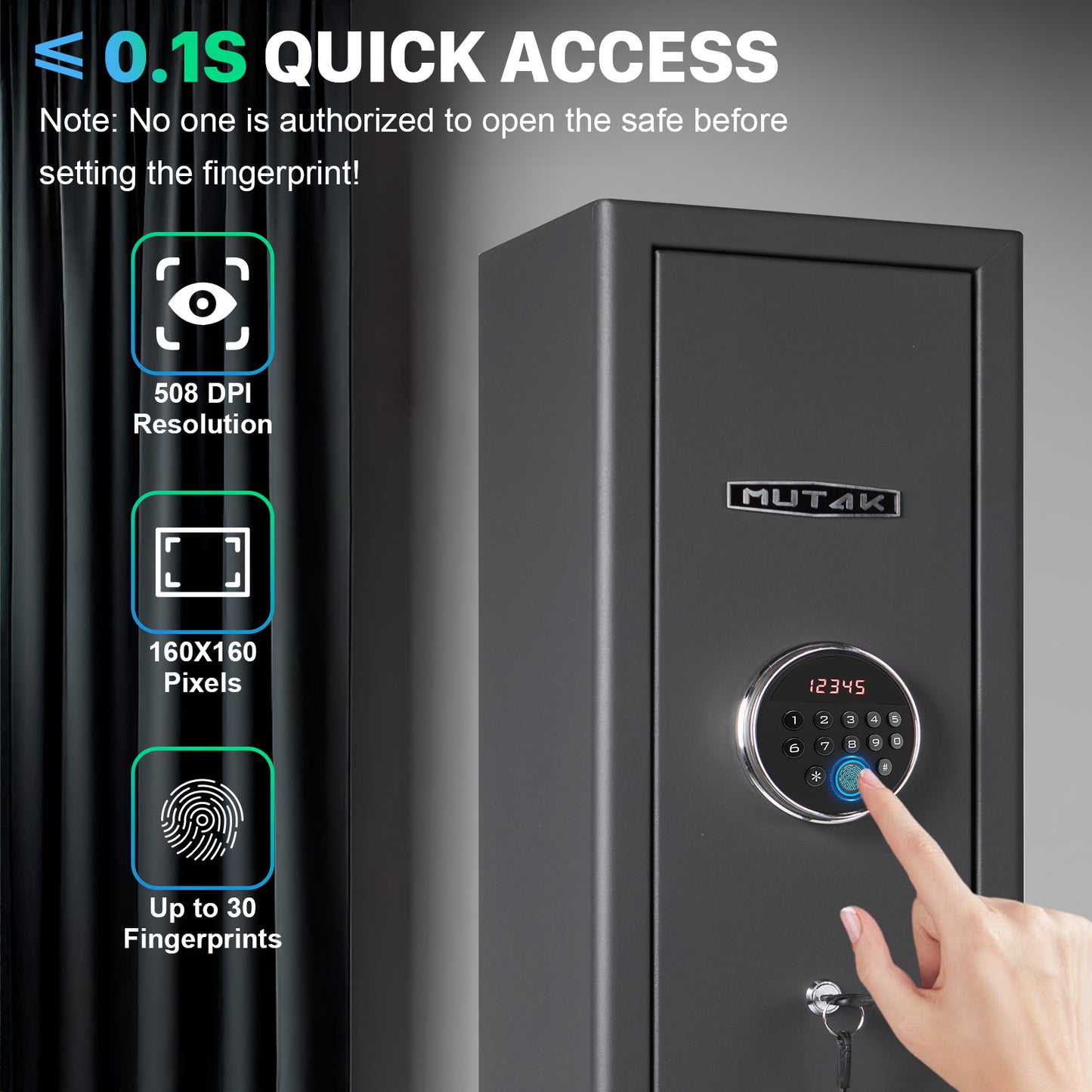 MUTAK 4-5 Rifle Gun Safe with Biometric Lock & Quick Access, Alarm & Removable Shelf