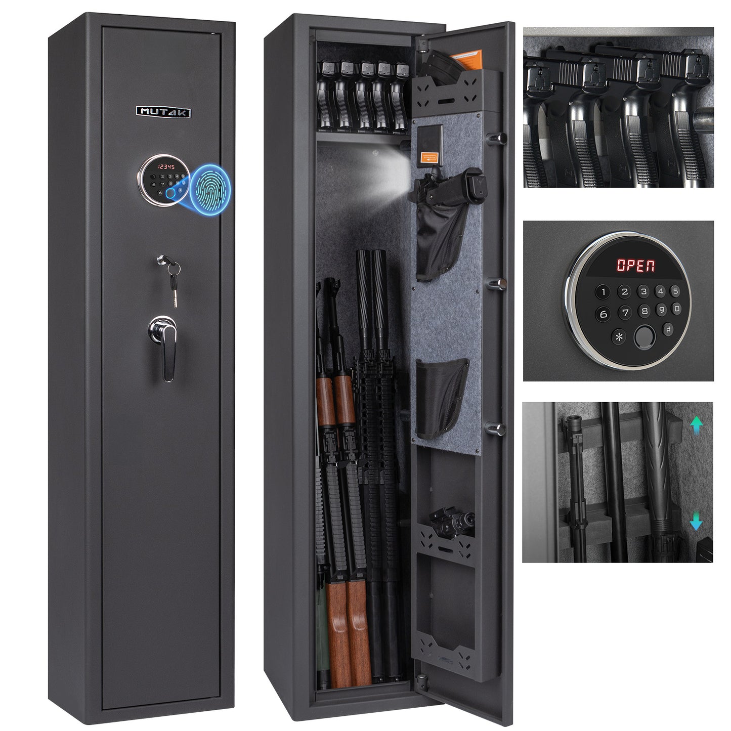 MUTAK 4-5 Rifle Gun Safe with Biometric Lock & Quick Access, Alarm & Removable Shelf