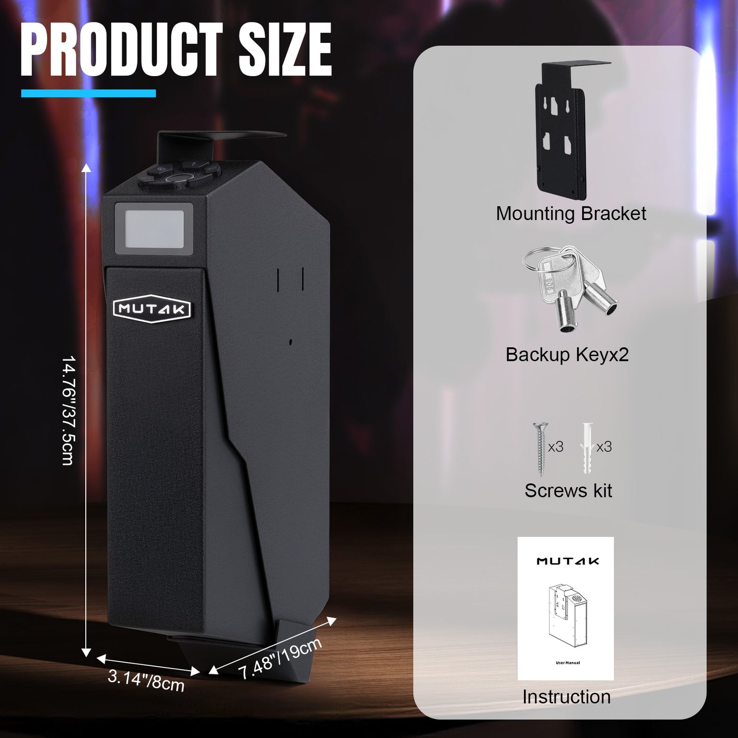 Caja fuerte biométrica para pistolas de pared MUTAK con pantalla LCD, acceso rápido a la caja de huellas dactilares, teclado digital y cerradura con llave