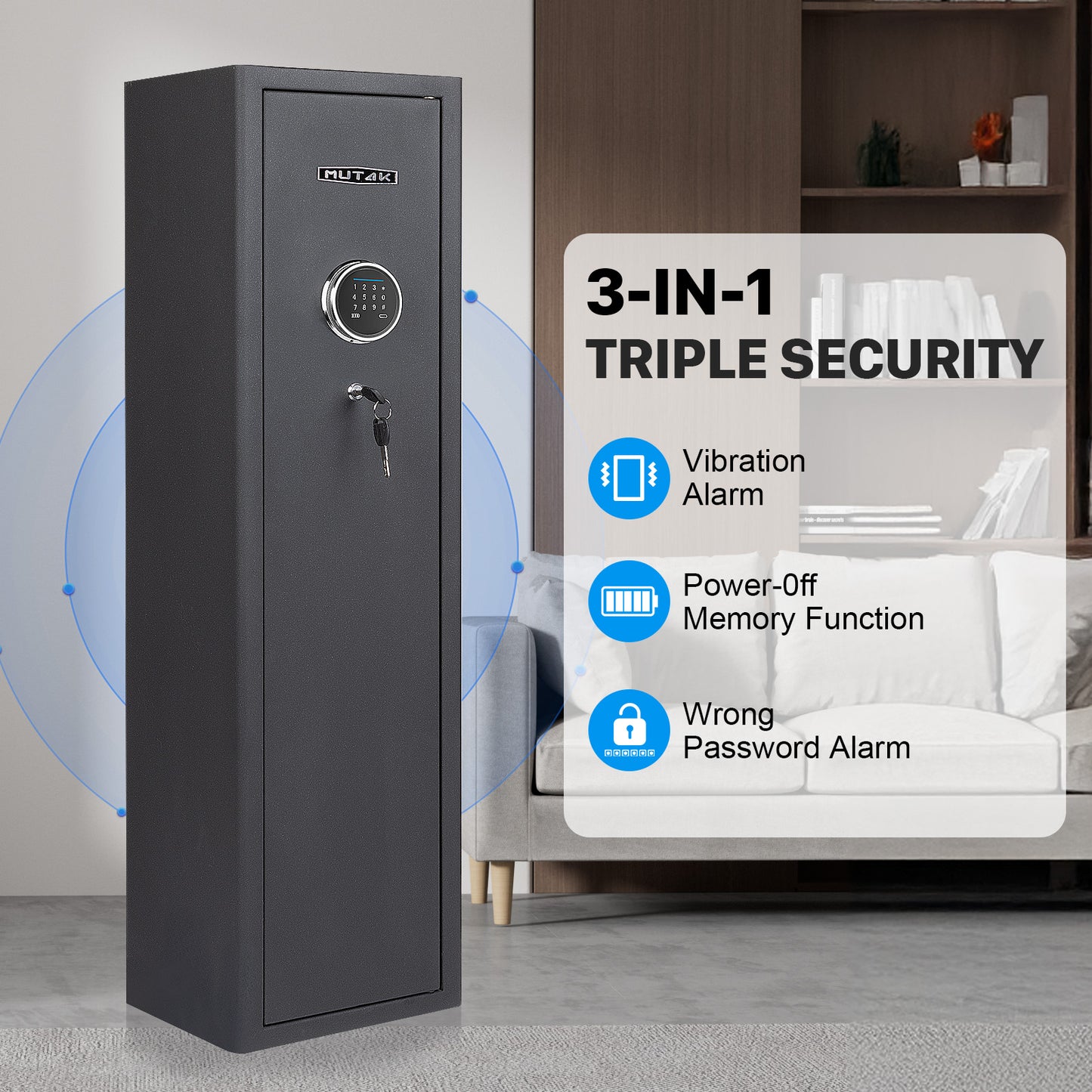 MUTAK 4-5 Gun Safe – Compact Rifle & Pistol Storage with Digital Keypad, Key & Type-C Backup, Alarm