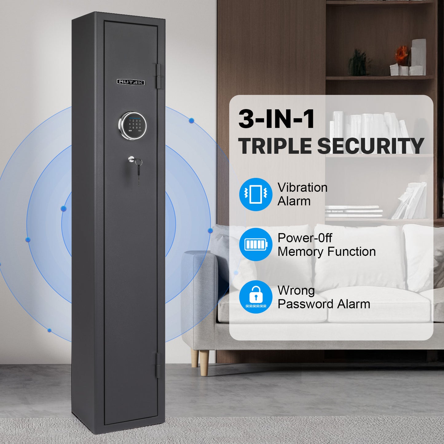 MUTAK 3-Gun Safe for Rifles & Pistols | Quick Access Firearm Cabinet with Digital Keypad, Alarm & LED