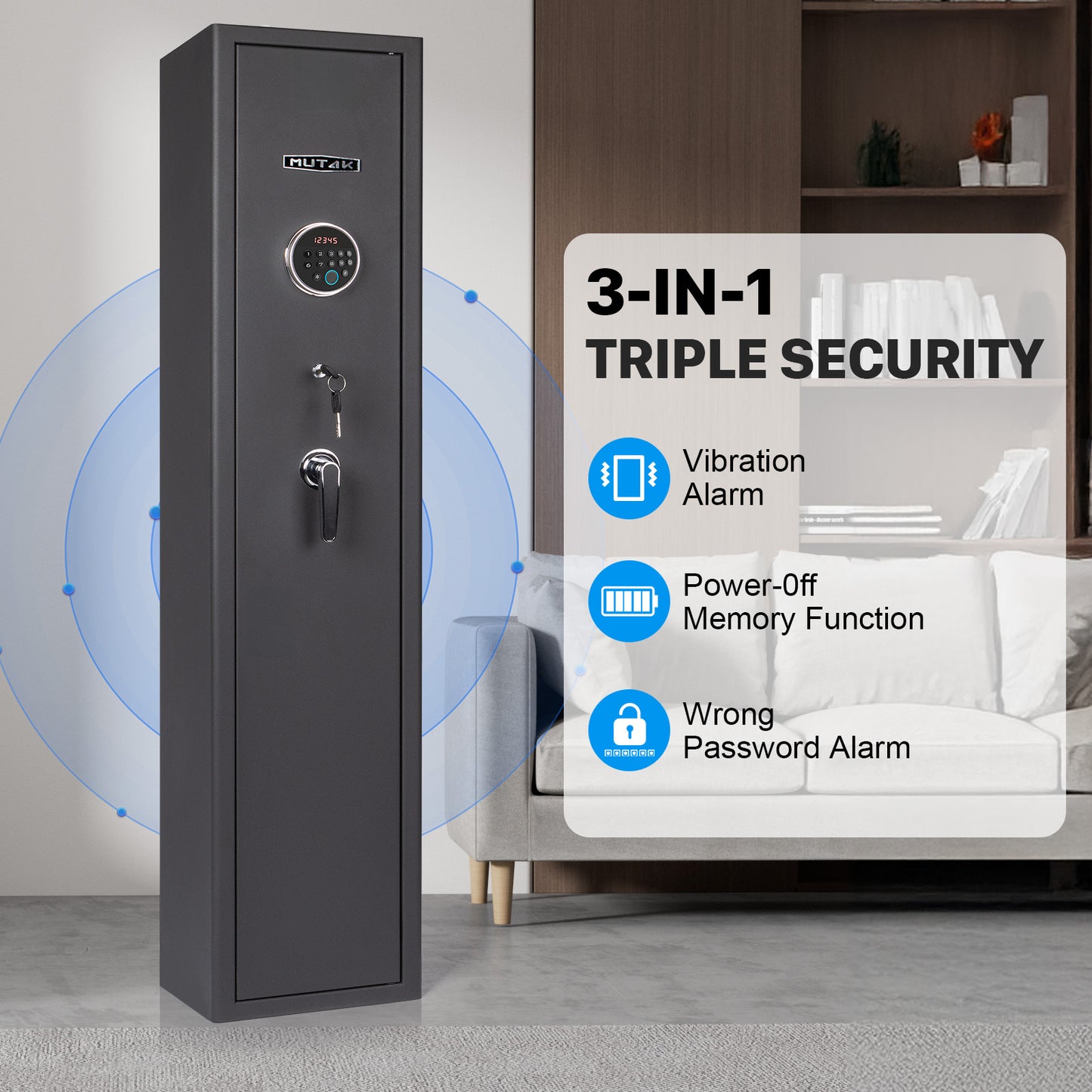 MUTAK 4-5 Rifle Gun Safe with Biometric Lock & Quick Access, Alarm & Removable Shelf