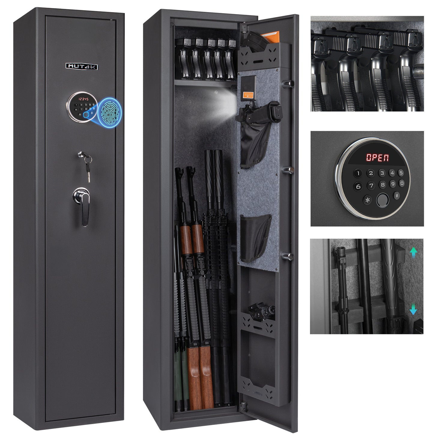 MUTAK 6 Rifle Gun Safe for Home, Biometric & 4-Way Quick Access, Removable Shelf, Alarm & LED Light