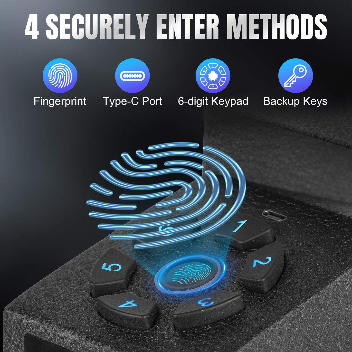 Caja fuerte biométrica para pistolas de pared MUTAK con pantalla LCD, acceso rápido a la caja de huellas dactilares, teclado digital y cerradura con llave