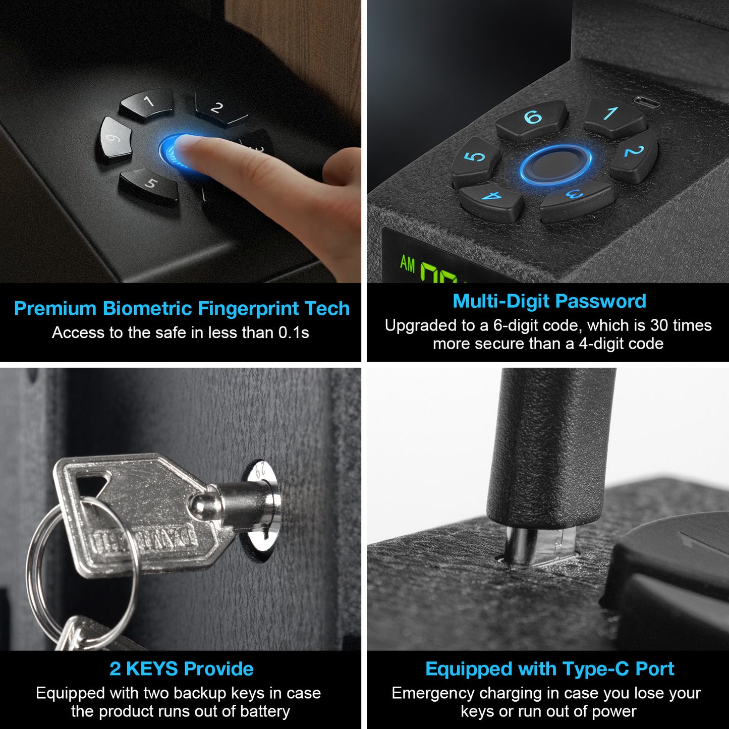 Caja fuerte biométrica para pistolas de pared MUTAK con pantalla LCD, acceso rápido a la caja de huellas dactilares, teclado digital y cerradura con llave