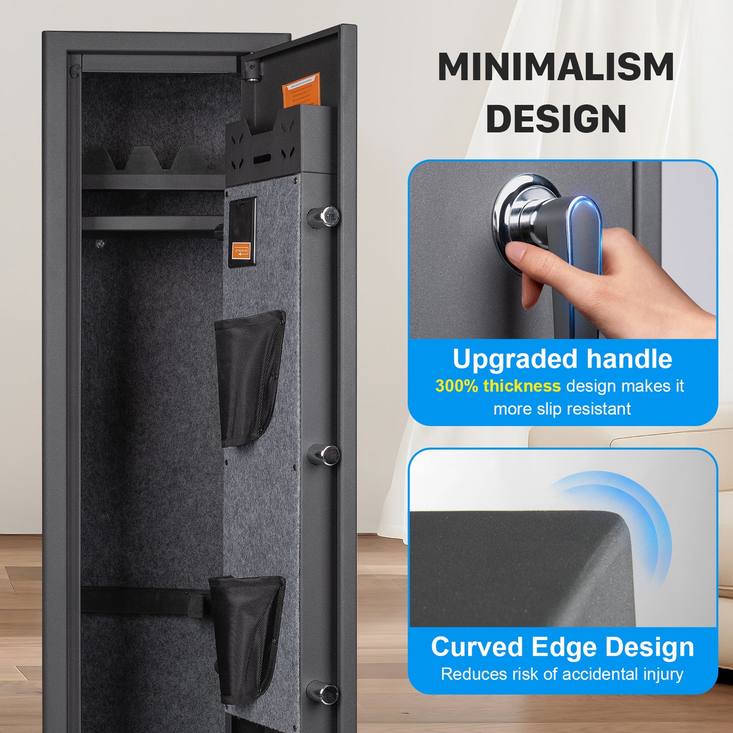 MUTAK 6 Rifle Gun Safe for Home, Biometric & 4-Way Quick Access, Removable Shelf, Alarm & LED Light