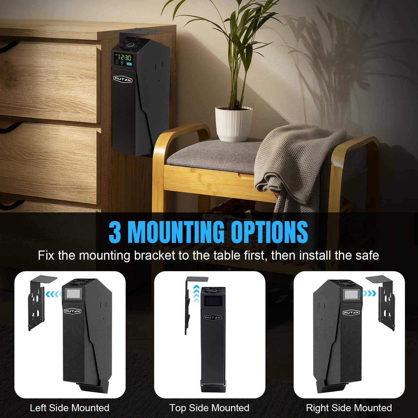 Caja fuerte biométrica para pistolas de pared MUTAK con pantalla LCD, acceso rápido a la caja de huellas dactilares, teclado digital y cerradura con llave