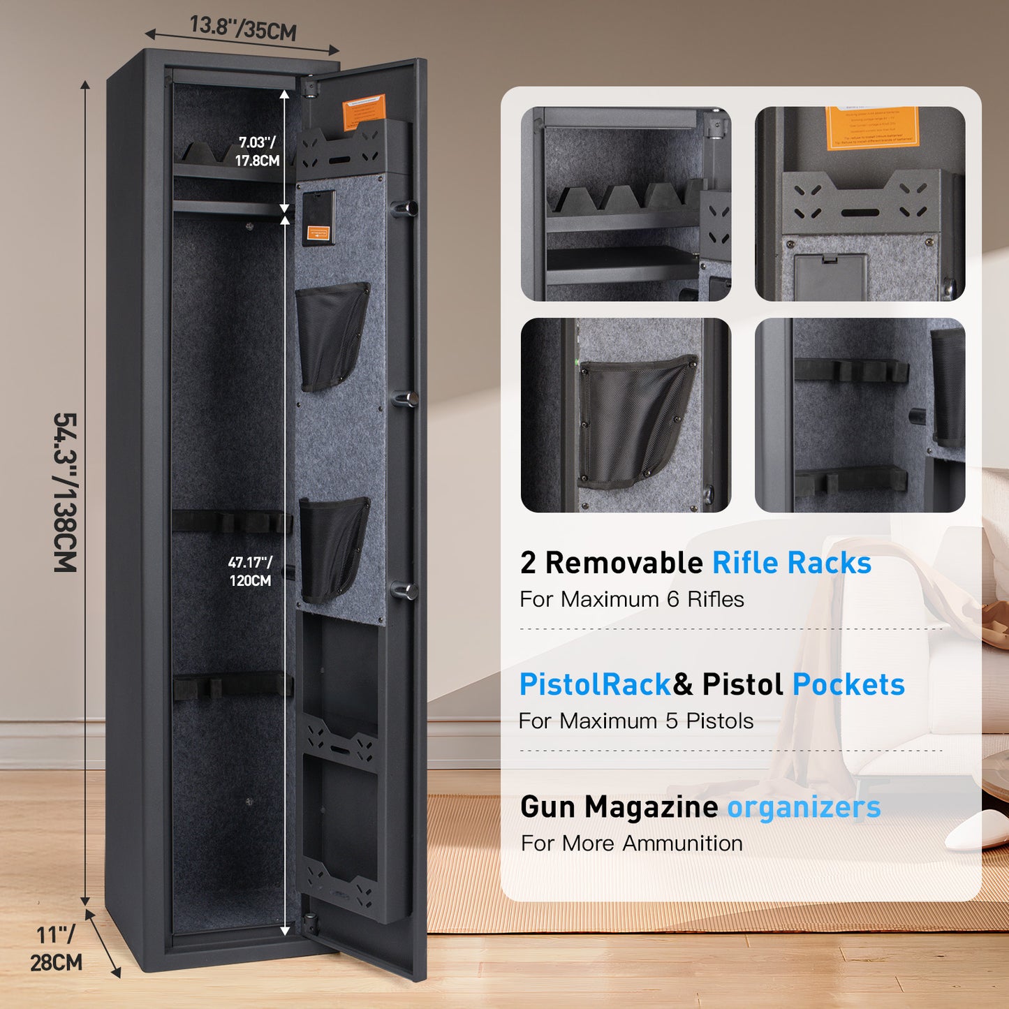 MUTAK 6-Gun Safe – Quick Access Rifle & Pistol Storage with Alarm, LED, Digital Keypad & Removable Shelf
