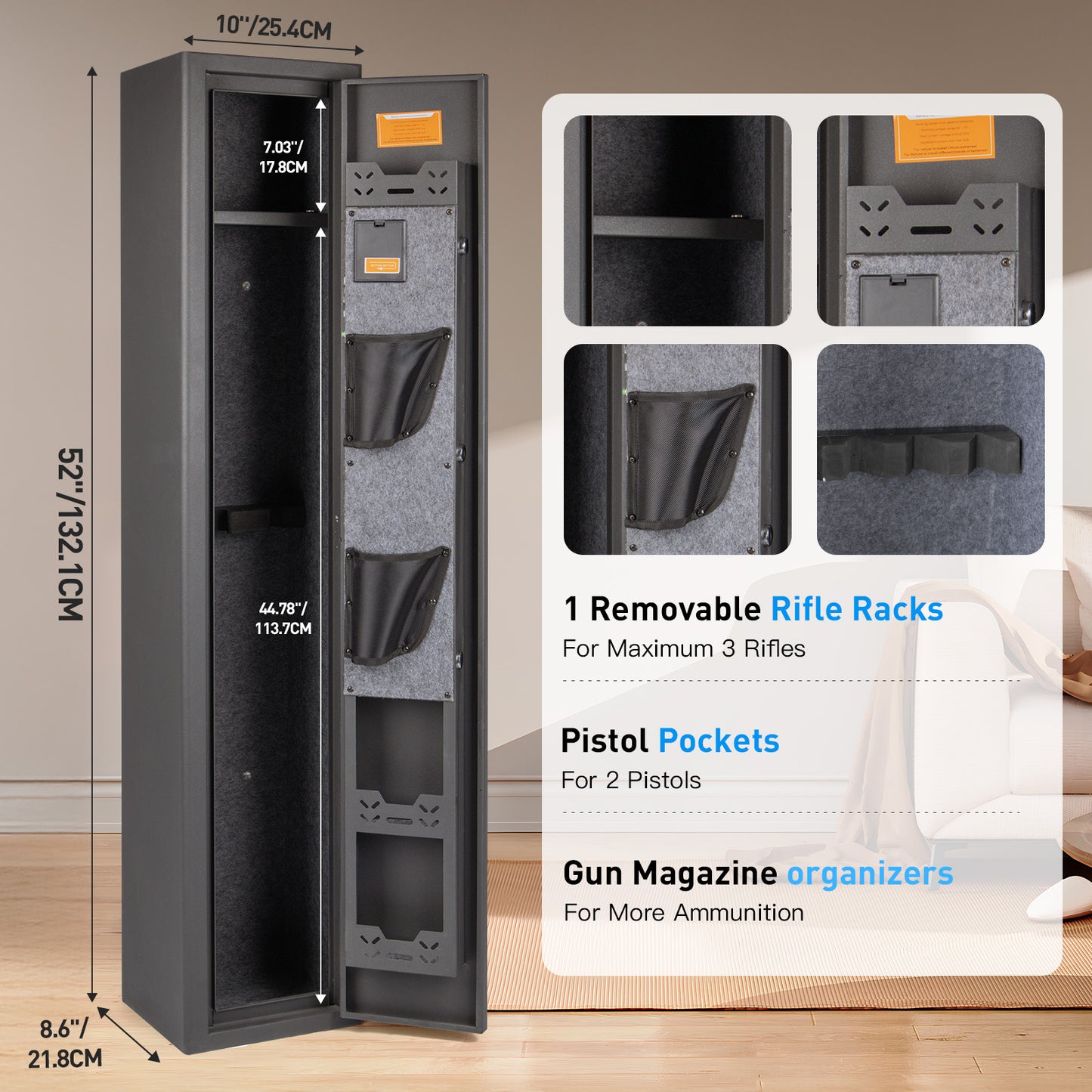 MUTAK 3-Gun Safe for Rifles & Pistols | Quick Access Firearm Cabinet with Digital Keypad, Alarm & LED