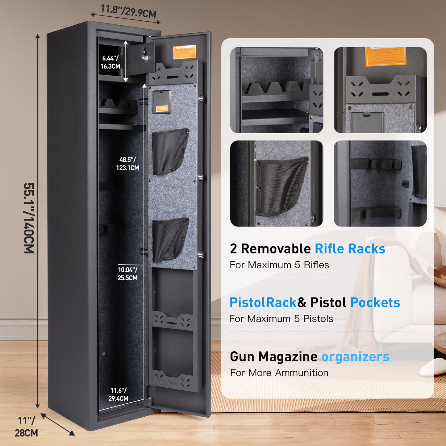 MUTAK Rifle Safe, 5 Long Gun Cabinet with Fingerprints