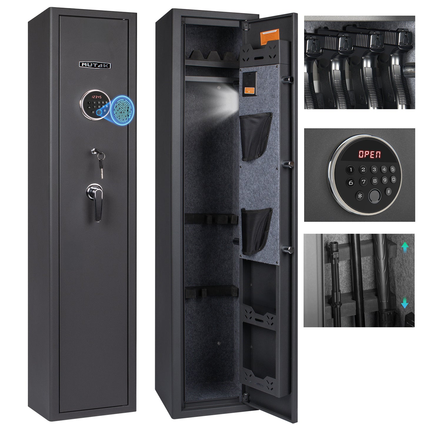 MUTAK 4-5 Rifle Gun Safe with Biometric Lock & Quick Access, Alarm & Removable Shelf