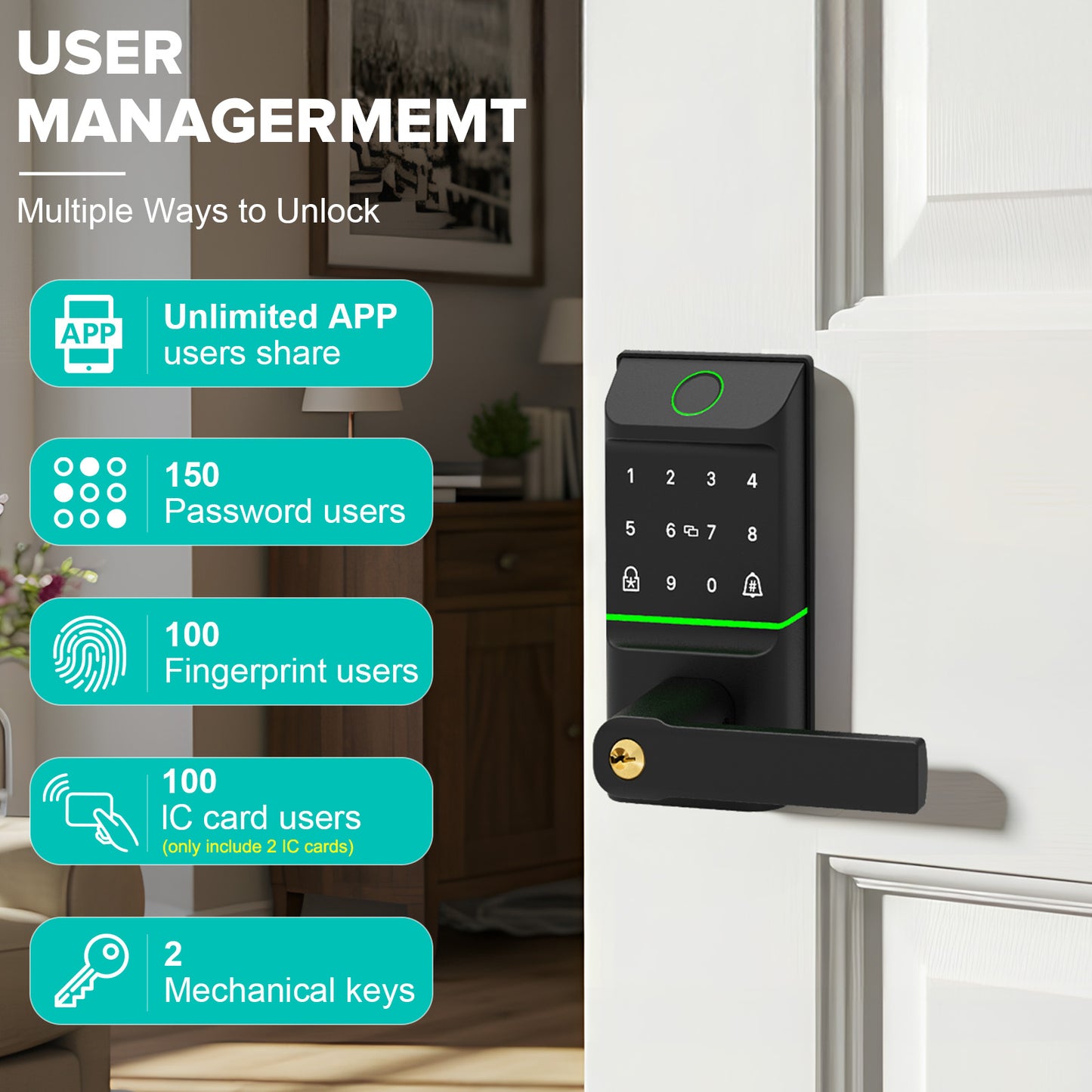 Keyless Entry Smart Door Lock with Doorbell, 6 in 1 Biometric Electric Digital Deadbolt Fingerprint Touchscreen Keypad APP IC Card with 2 Lever Handles for Front Doors Home Office Apartment