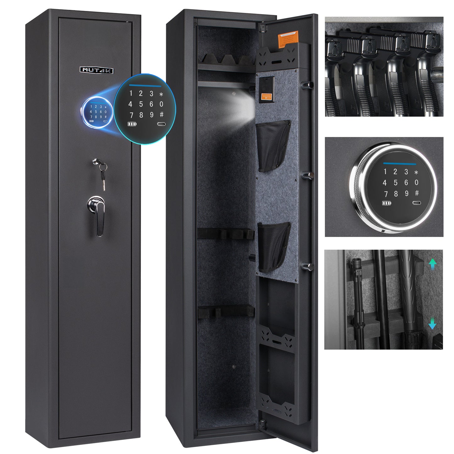 MUTAK 4-5 Gun Safe for Home – Biometric & Digital Lock, Quick Access, 5 Rifle & Pistol Storage, Alarm & LED Light
