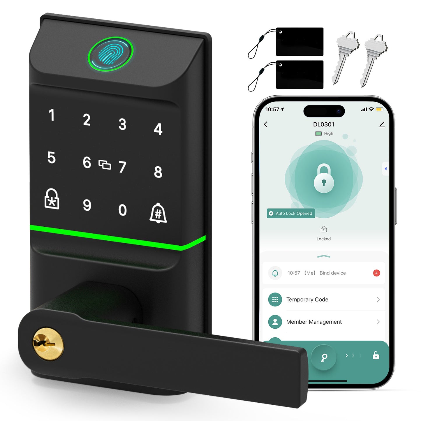 Keyless Entry Smart Door Lock with Doorbell, 6 in 1 Biometric Electric Digital Deadbolt Fingerprint Touchscreen Keypad APP IC Card with 2 Lever Handles for Front Doors Home Office Apartment