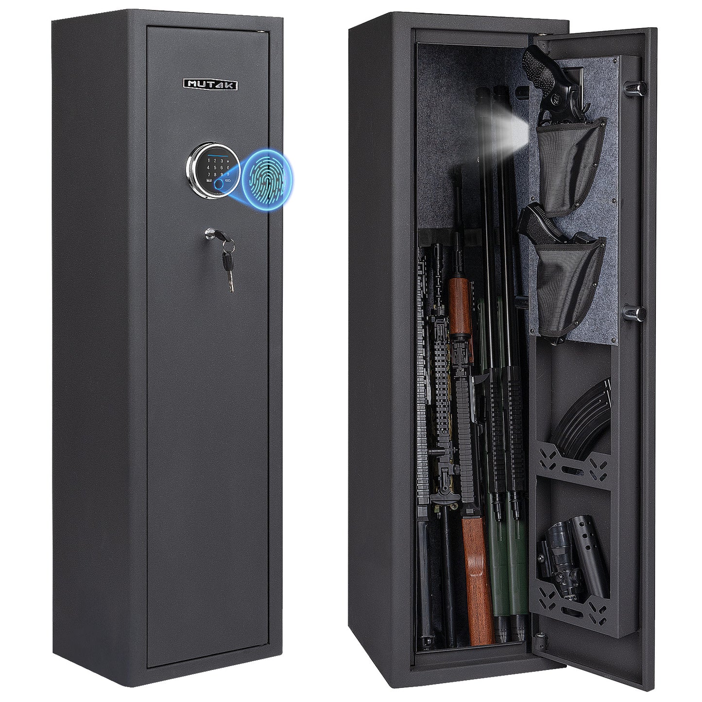 Caja fuerte para 4 o 5 rifles MUTAK con cerradura biométrica, acceso rápido y alarma, gabinete compacto para armas con LED y almacenamiento