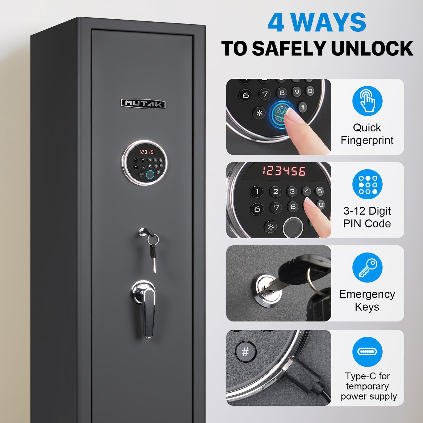 MUTAK Tall Biometric 6-Rifle Gun Safe with Fingerprint Lock