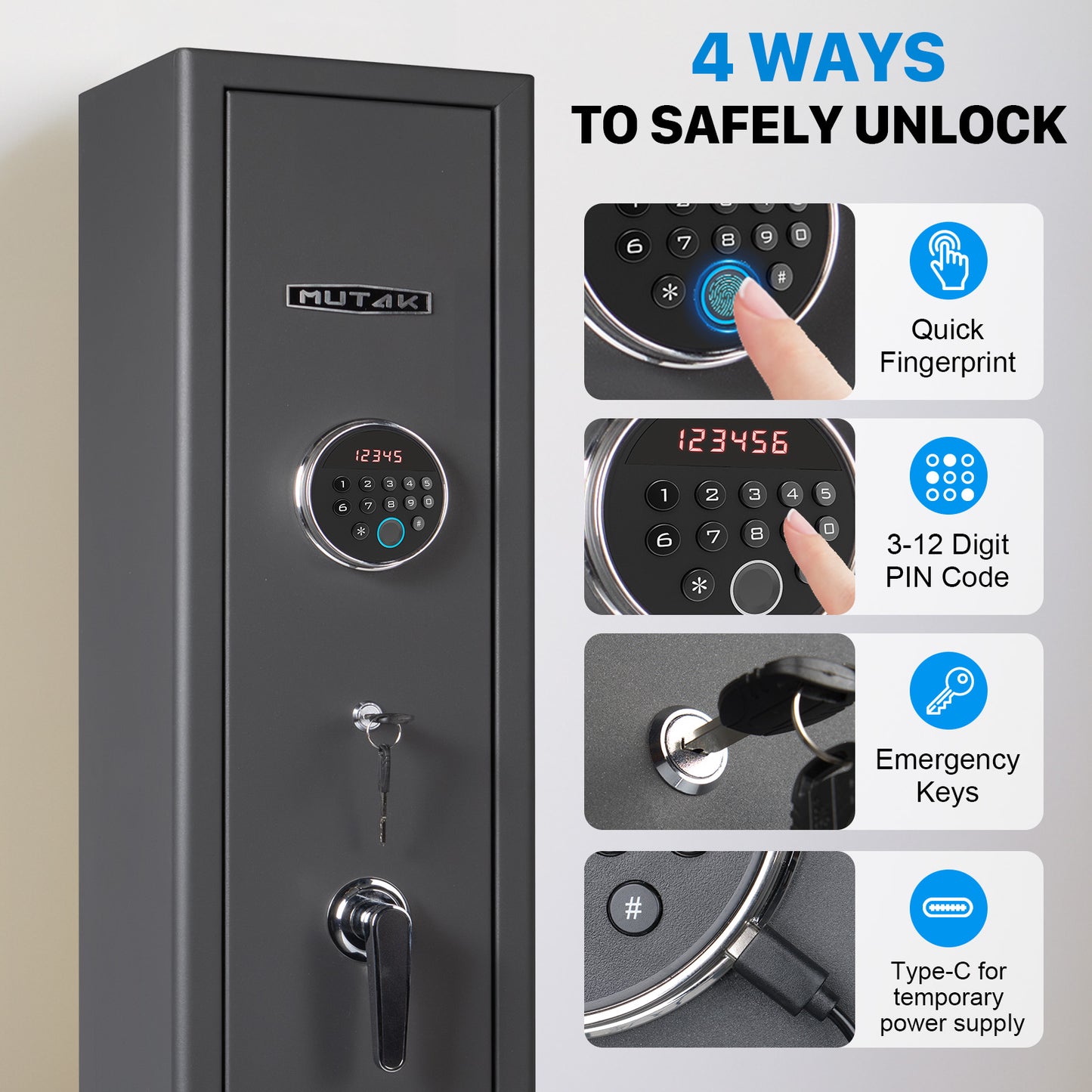 MUTAK 6 Rifle Gun Safe for Home, Biometric & 4-Way Quick Access, Removable Shelf, Alarm & LED Light