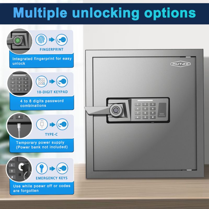 MUTAK Smart Biometric Safe – Quick-Access Fireproof Safe with Fingerprint, Keypad & Alarm
