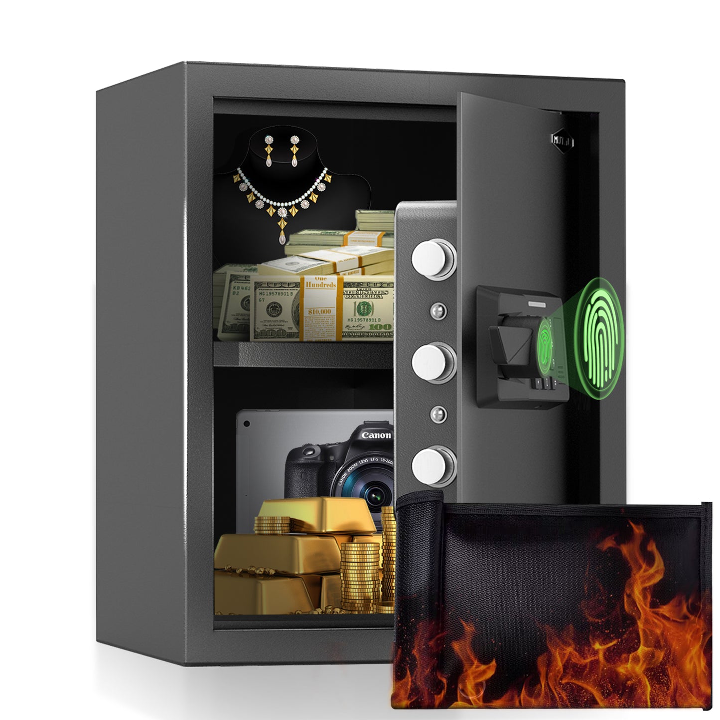 MUTAK Smart Biometric Safe – Quick-Access Fireproof Safe with Fingerprint, Keypad & Alarm