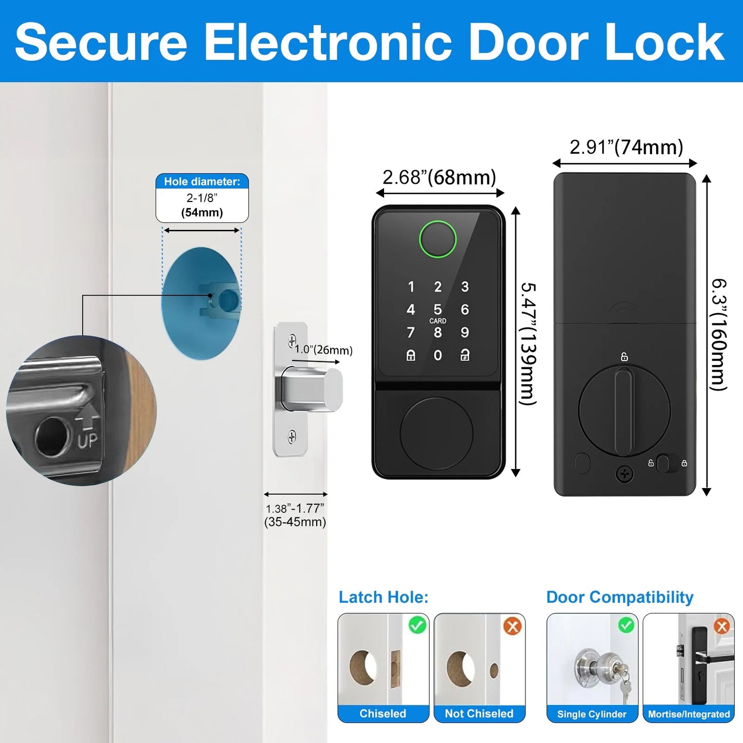 Mutak Smart Door Lock 6-in-1 Keyless Entry Door Lock With Touchscreen Keypad, Weatherproof, Wifi APP Remote Control&Bluetooth, For Home,Apartment,Office and Garages,Black