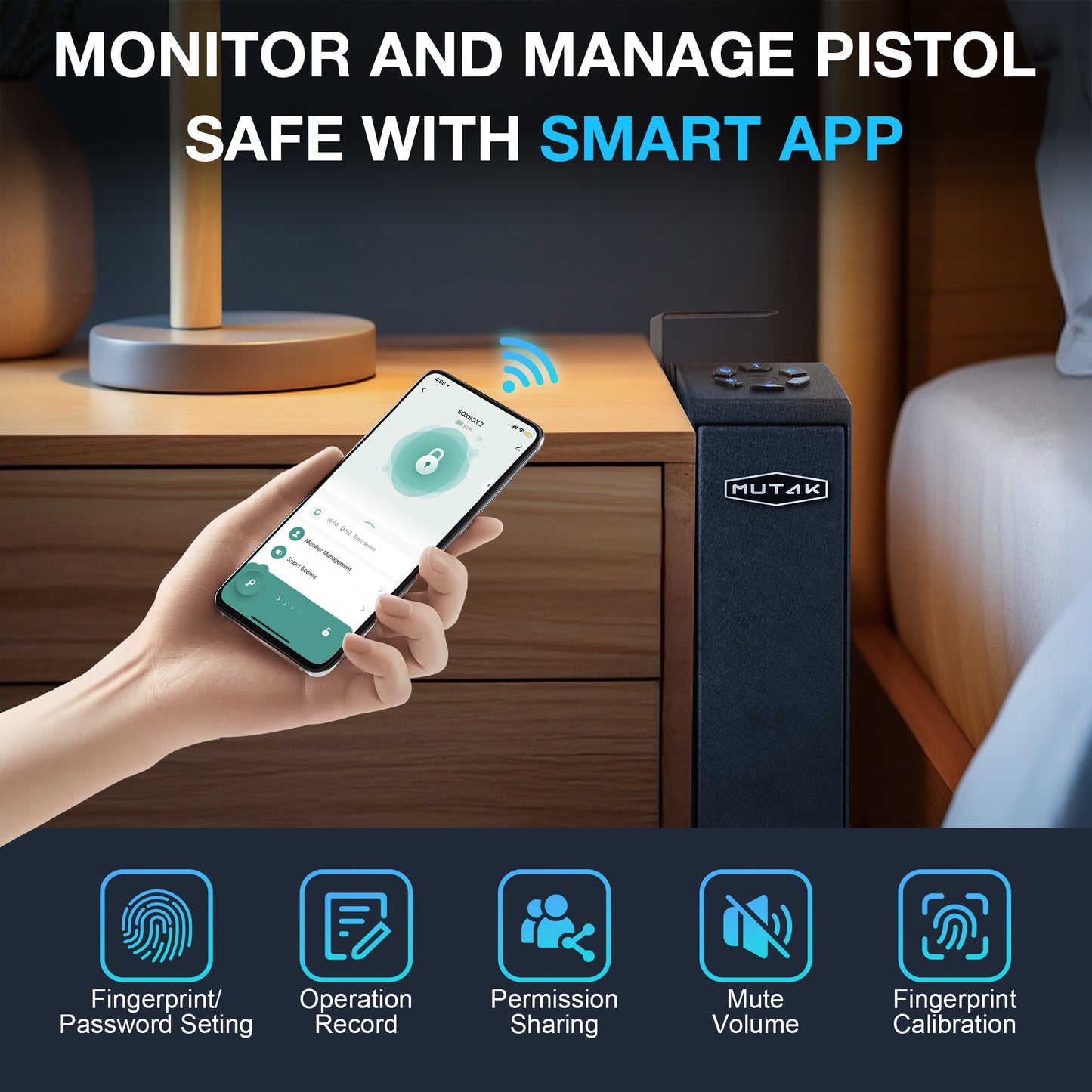Mutak Biometric Handgun Safe – 4-Way Quick Access (App, Fingerprint, PIN, Key) for Home & Bedside