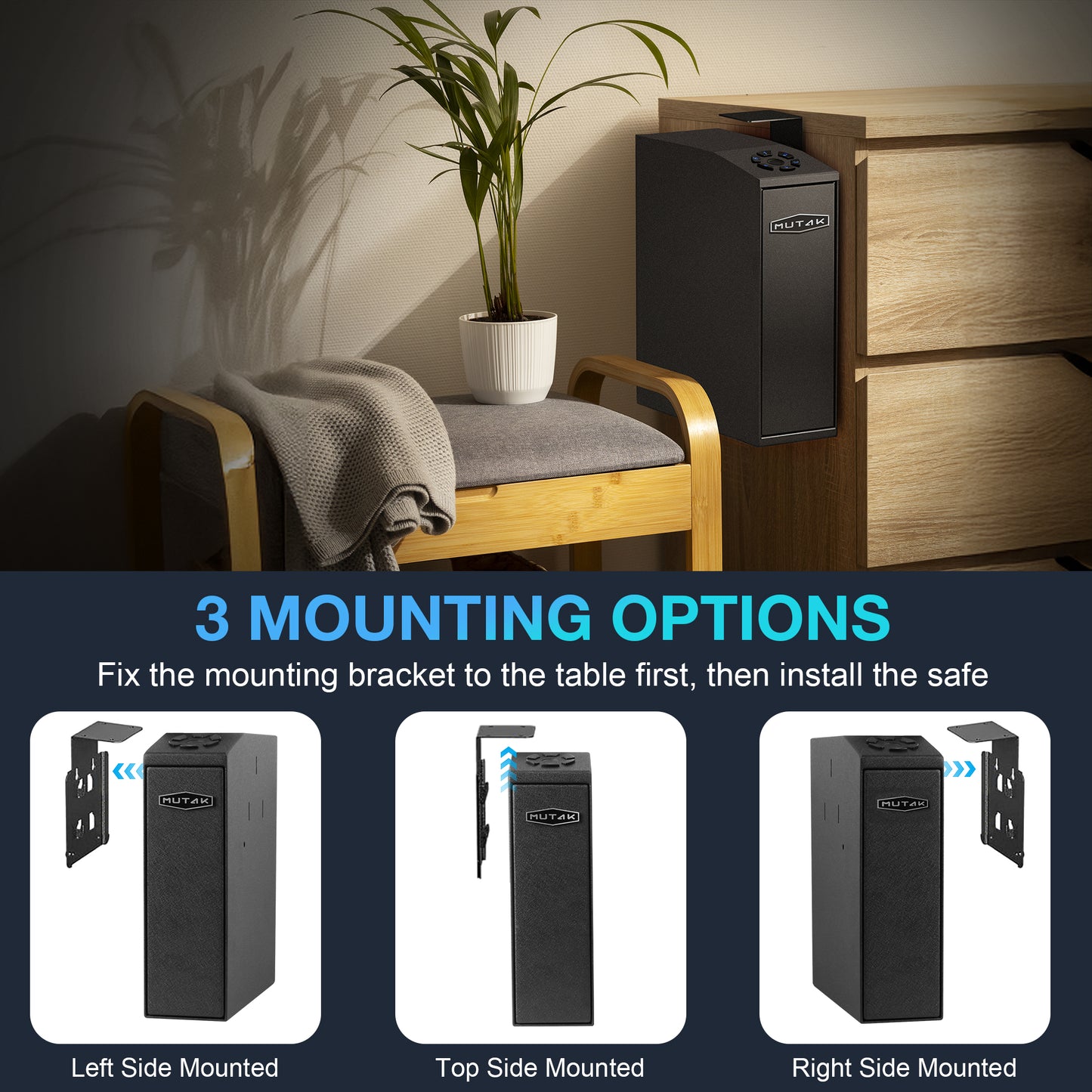 Mutak Biometric Handgun Safe – 4-Way Quick Access (App, Fingerprint, PIN, Key) for Home & Bedside