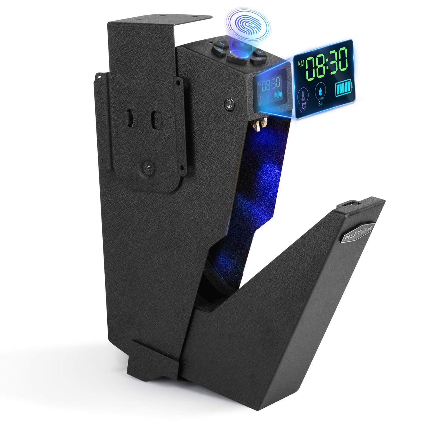 Caja fuerte biométrica para pistolas de pared MUTAK con pantalla LCD, acceso rápido a la caja de huellas dactilares, teclado digital y cerradura con llave