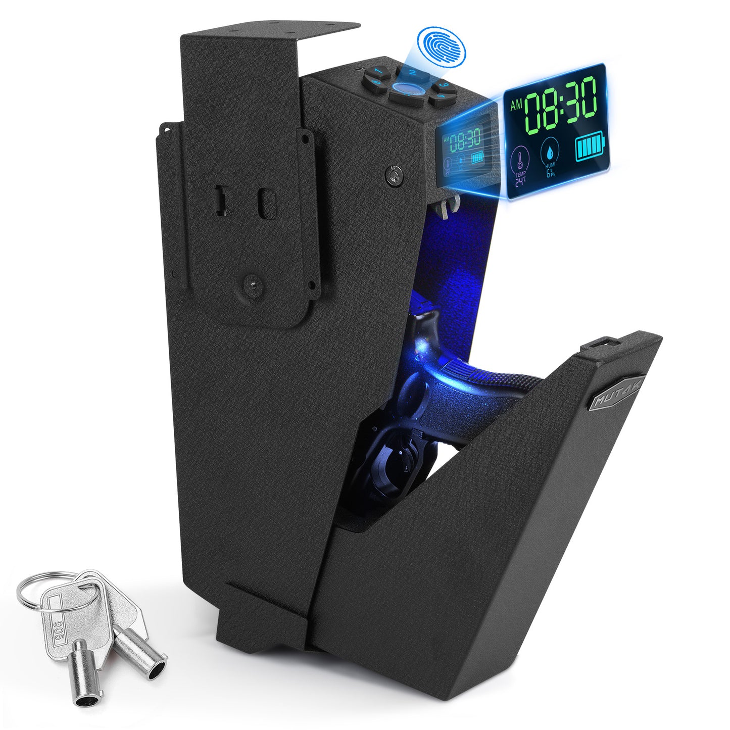Caja fuerte biométrica para pistolas de pared MUTAK con pantalla LCD, acceso rápido a la caja de huellas dactilares, teclado digital y cerradura con llave