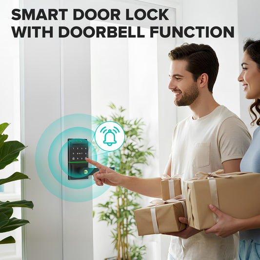 Keyless Entry Smart Door Lock with Doorbell, 6 in 1 Biometric Electric Digital Deadbolt Fingerprint Touchscreen Keypad APP IC Card with 2 Lever Handles for Front Doors Home Office Apartment