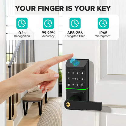 Keyless Entry Smart Door Lock with Doorbell, 6 in 1 Biometric Electric Digital Deadbolt Fingerprint Touchscreen Keypad APP IC Card with 2 Lever Handles for Front Doors Home Office Apartment