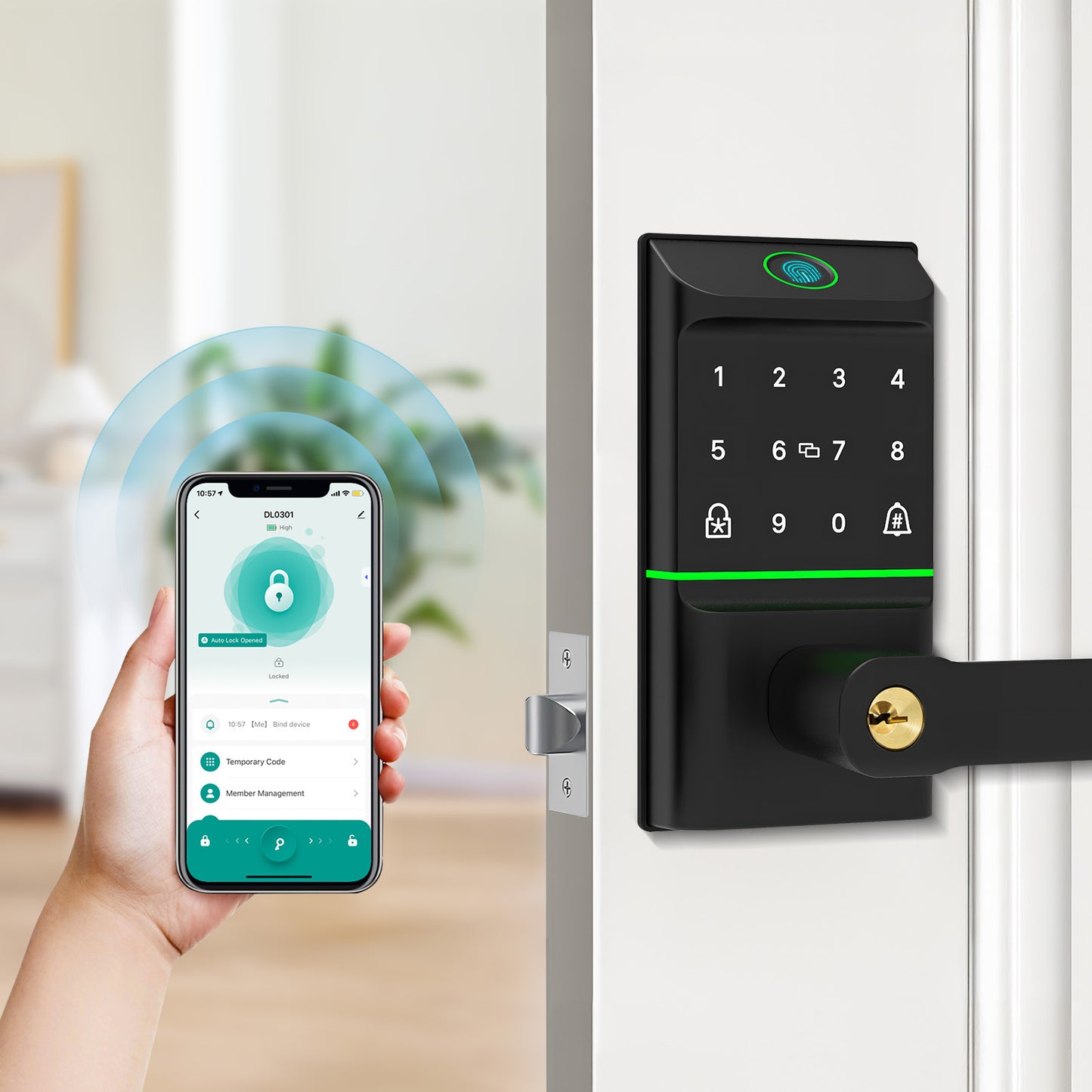 Keyless Entry Smart Door Lock with Doorbell, 6 in 1 Biometric Electric Digital Deadbolt Fingerprint Touchscreen Keypad APP IC Card with 2 Lever Handles for Front Doors Home Office Apartment