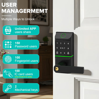 Keyless Entry Smart Door Lock with Doorbell, 6 in 1 Biometric Electric Digital Deadbolt Fingerprint Touchscreen Keypad APP IC Card with 2 Lever Handles for Front Doors Home Office Apartment