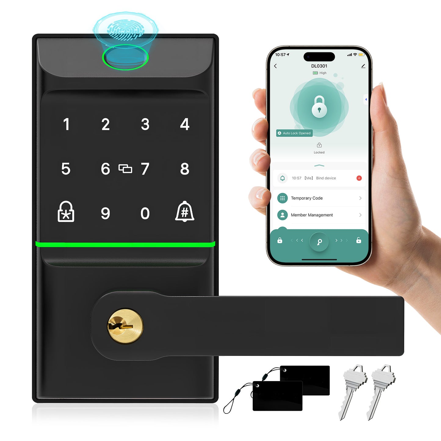 Keyless Entry Smart Door Lock with Doorbell, 6 in 1 Biometric Electric Digital Deadbolt Fingerprint Touchscreen Keypad APP IC Card with 2 Lever Handles for Front Doors Home Office Apartment