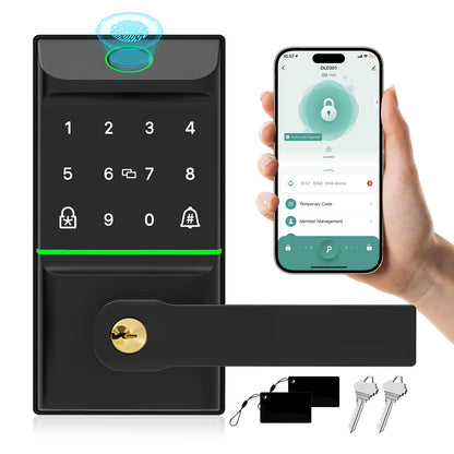 Keyless Entry Smart Door Lock with Doorbell, 6 in 1 Biometric Electric Digital Deadbolt Fingerprint Touchscreen Keypad APP IC Card with 2 Lever Handles for Front Doors Home Office Apartment